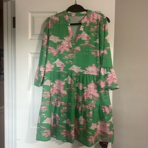 Green and pink dress, 100% polyester.